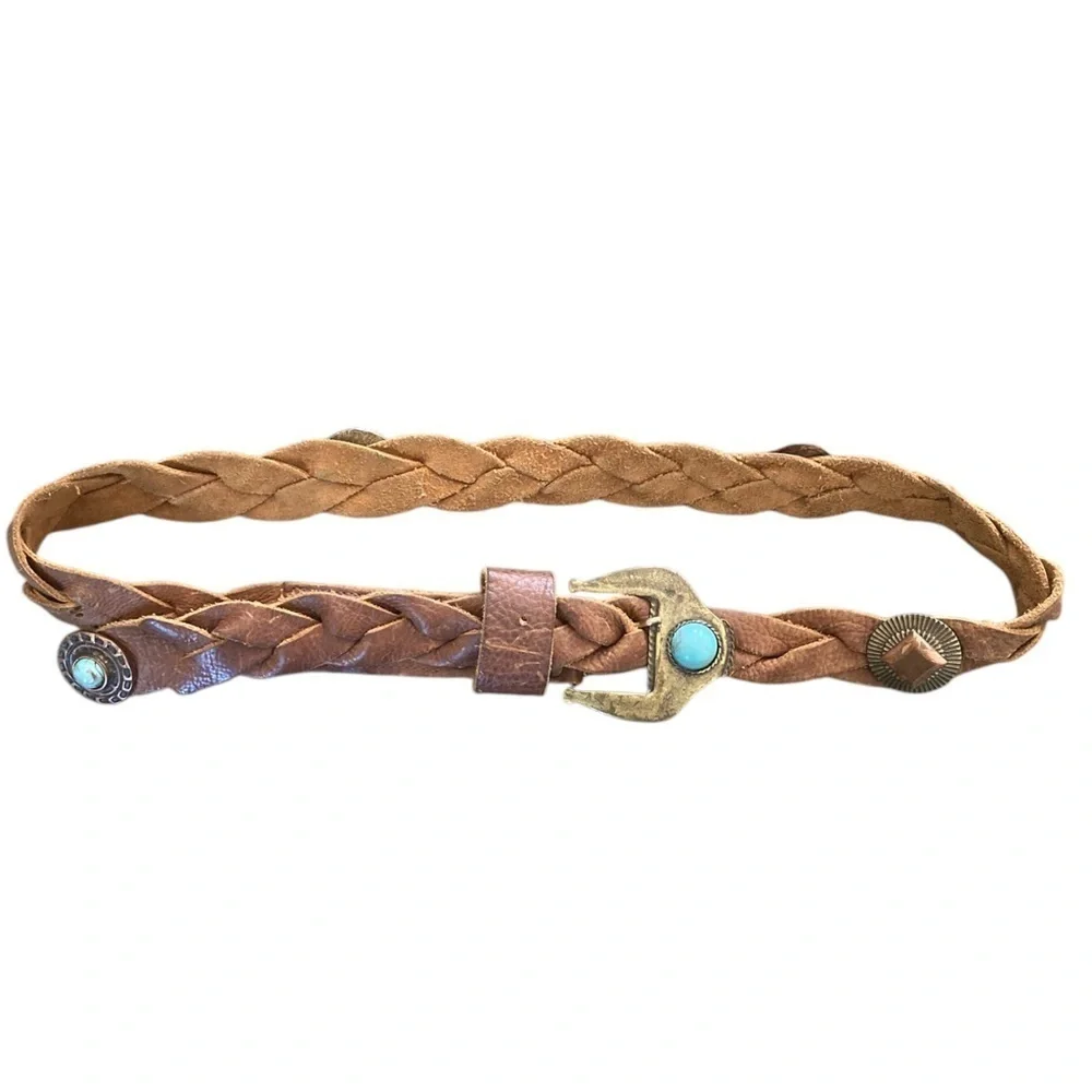 Vintage Y2K BEBE Brown Braided Leather Studded Faux Turquoise Southwest Belt M/L